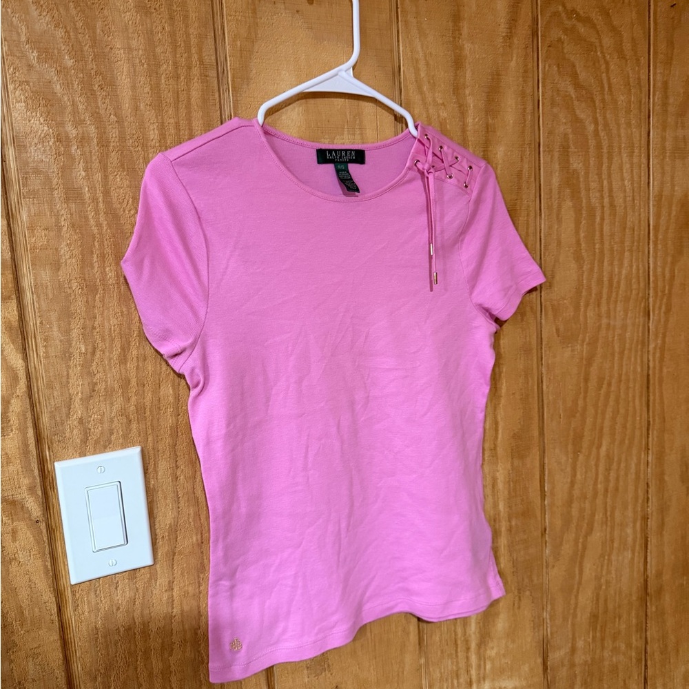 Ralph Lauren Light Pink Lace-Up Short Sleeve Tee - Picture 2 of 6